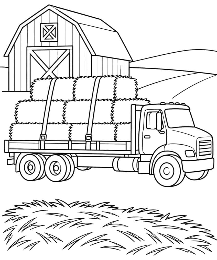 Flatbed truck loaded with strapped hay bales in front of a barn, hills and a pile of loose hay