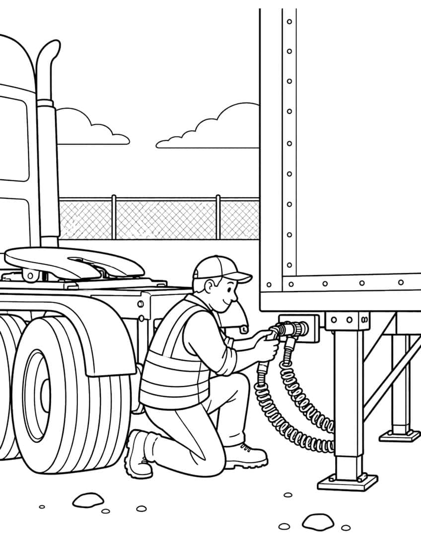 Kneeling truck driver in a safety vest plugging a coiled air hose into a trailer, with a tractor wheel and fence