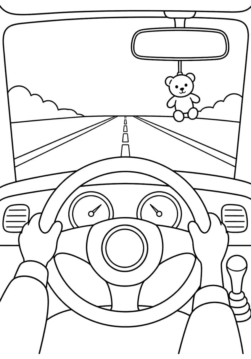 Steering wheel with hands, gauges, teddy bear on mirror and a straight road ahead