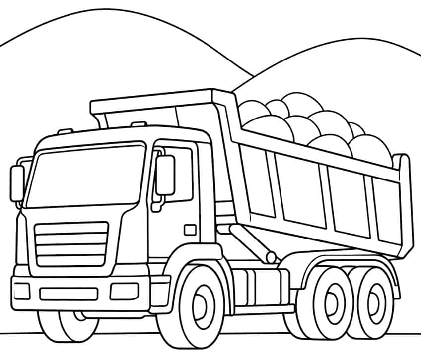 Dump truck with a bed full of round rocks, cab with grille and mirror, six wheels, hills behind