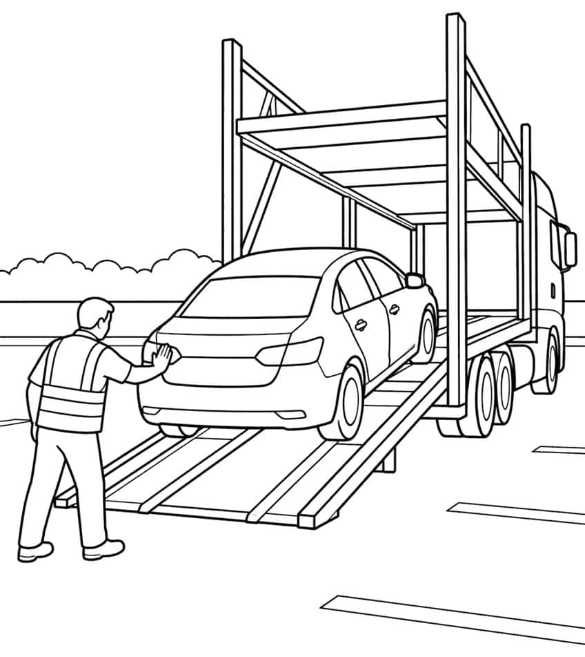 Worker in a safety vest pushing a sedan up the ramp of a car carrier truck