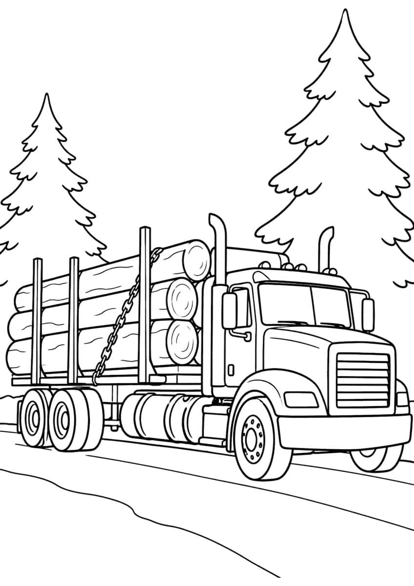 Log truck with stacked logs, chain, two exhaust stacks and two fir trees beside a road