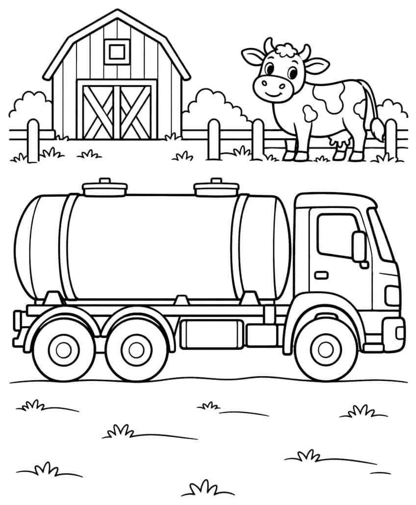 Milk tanker truck below a barn, fence and smiling spotted cow, with grass tufts