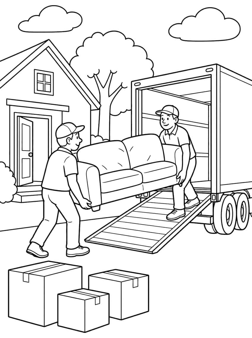 Two movers carrying a sofa down a truck ramp, with a house, tree, clouds and three cardboard boxes