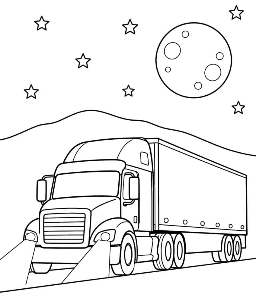Semi truck with box trailer and headlight beams on a road, cratered moon, seven stars and a hill