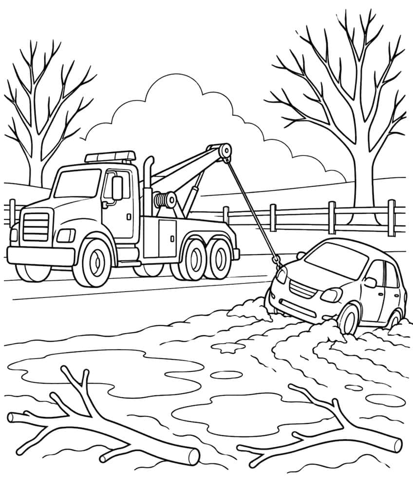 Tow truck pulling a car from a muddy ditch, with bare trees, fence, puddles and branches