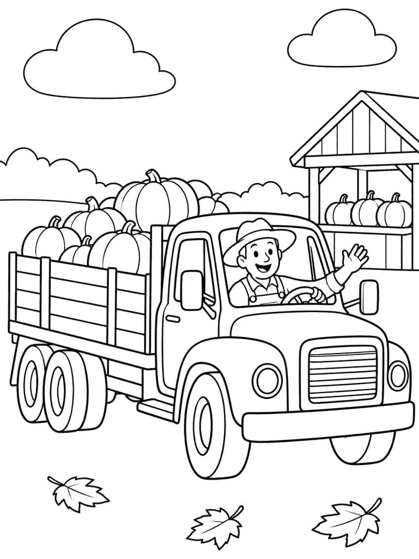 Farmer waving from an old truck loaded with pumpkins, a pumpkin stand, clouds and three fallen maple leaves