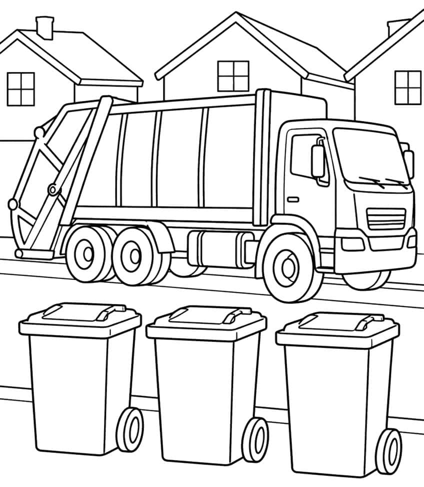 Recycling truck on a street with three wheelie bins in front and three houses behind