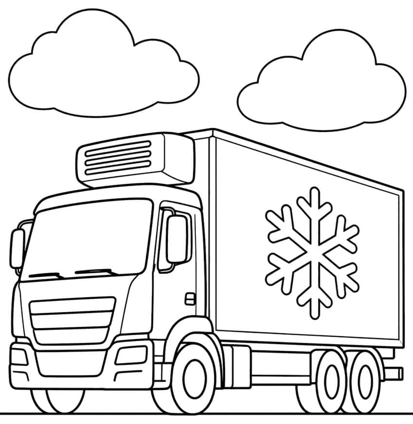 Refrigerated box truck with a snowflake on the cargo box, cooling unit on the cab roof and two clouds