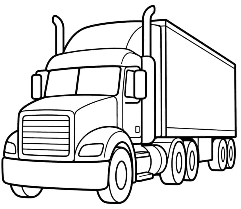 Semi truck with long hood, grille, two exhaust stacks, mirrors, big box trailer and multiple wheels