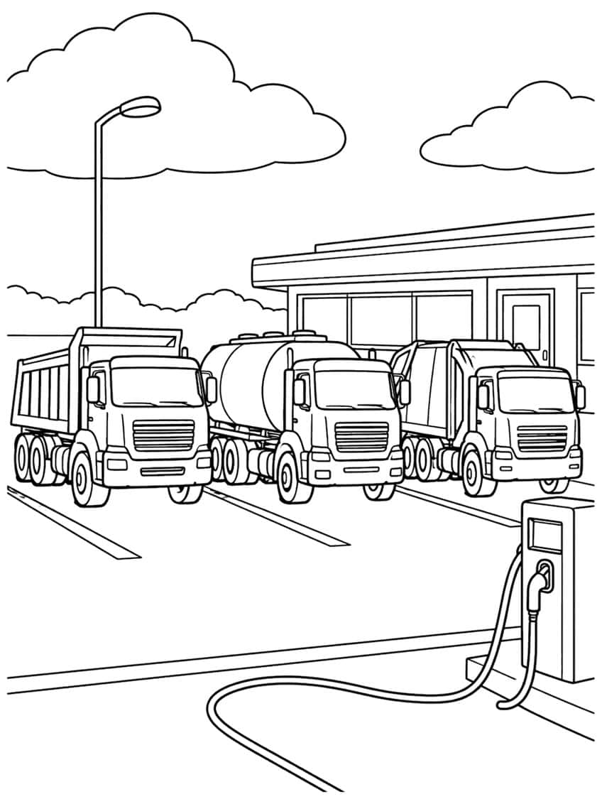 Dump truck, tanker and garbage truck parked at a fuel pump with a looping hose, station and lamp post