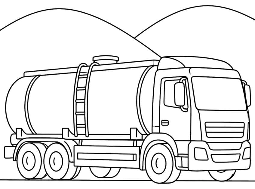Tanker truck with ladder and roof hatch, six wheels, and two hills in the background