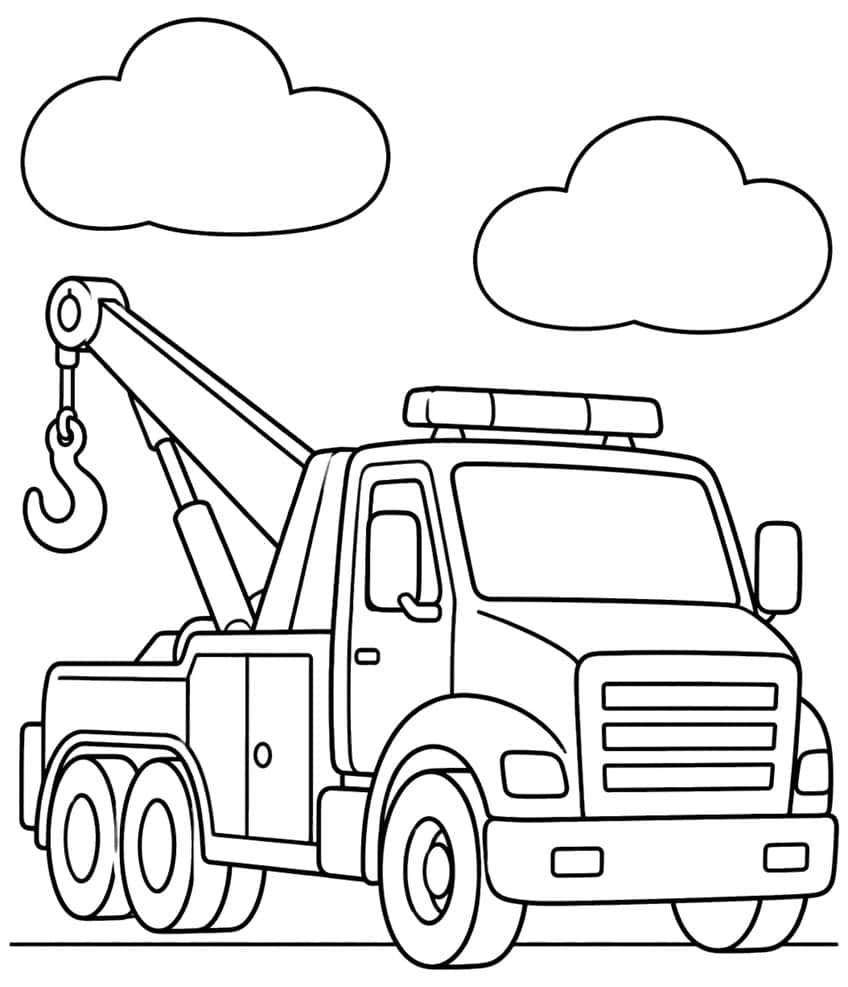 Tow truck with a boom and hook, roof light bar, grille and two clouds above