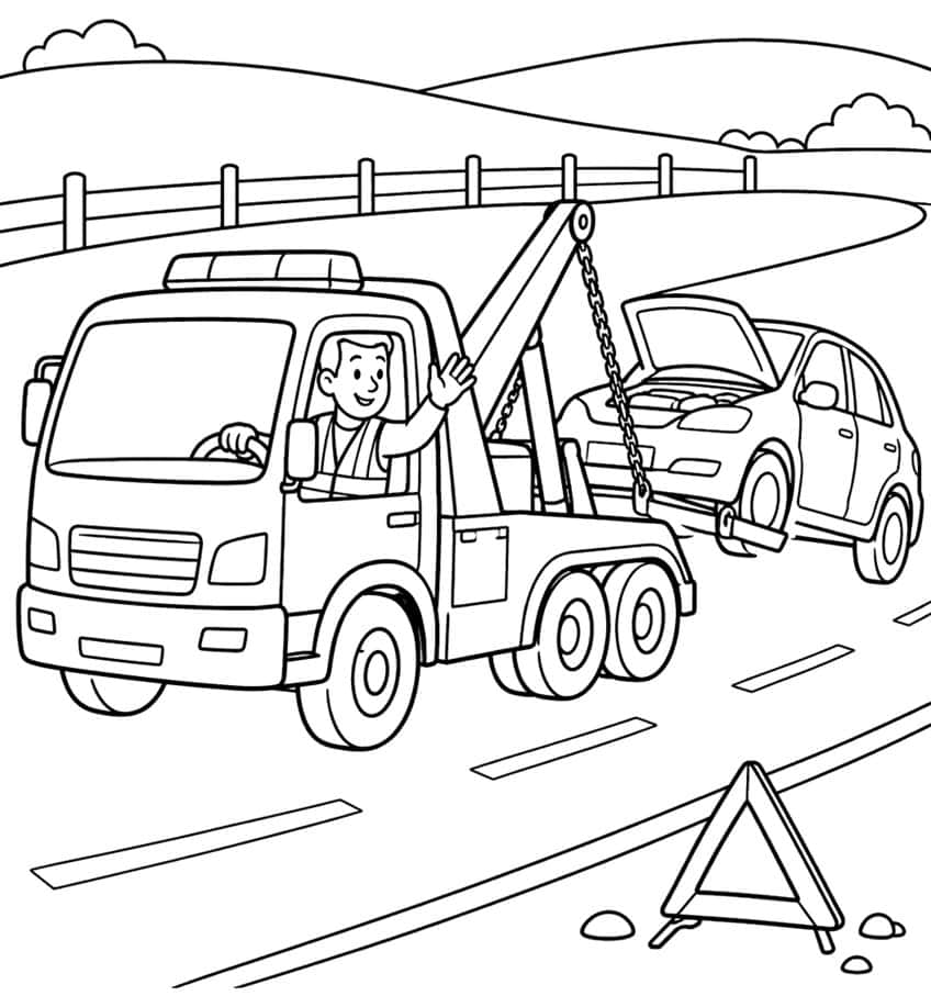 Tow truck with waving driver pulling a car with open hood, road, fence, hills and warning triangle