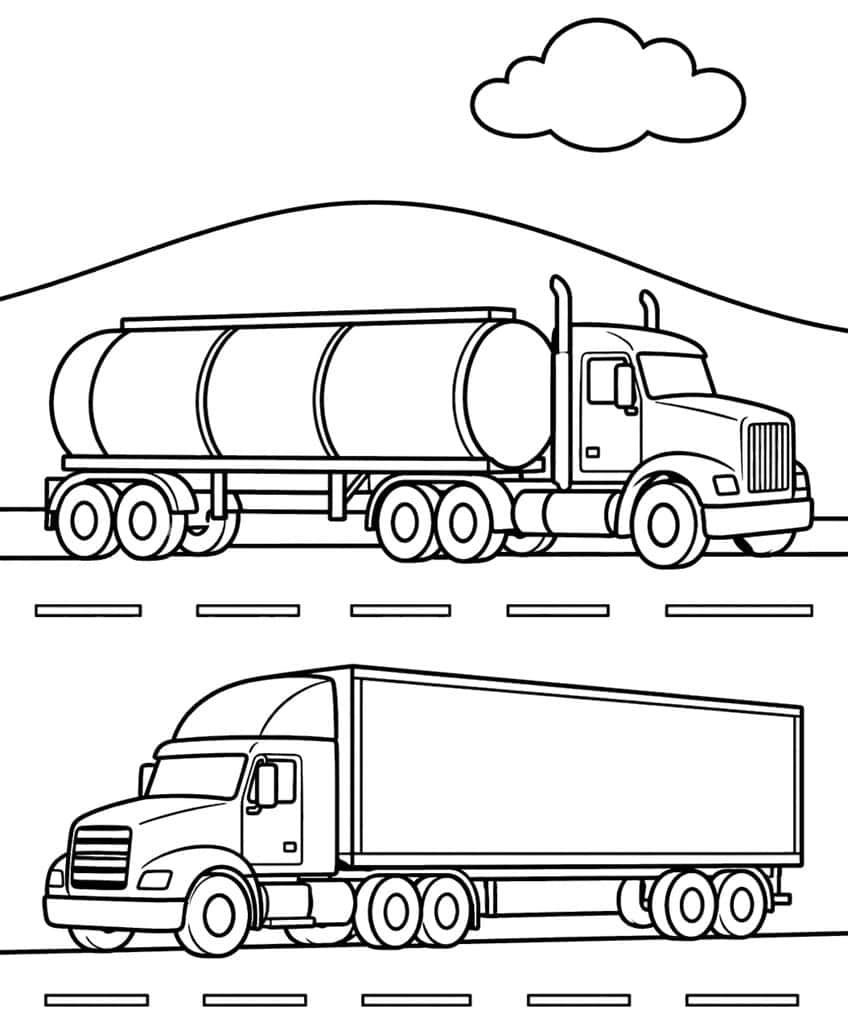 Tanker semi truck and box-trailer semi truck on two lanes with a hill and cloud