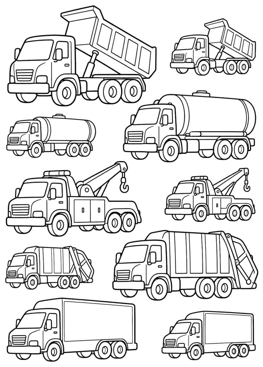 Ten trucks: dump trucks, tankers, tow trucks, garbage trucks and box trucks, each in a large and a small size