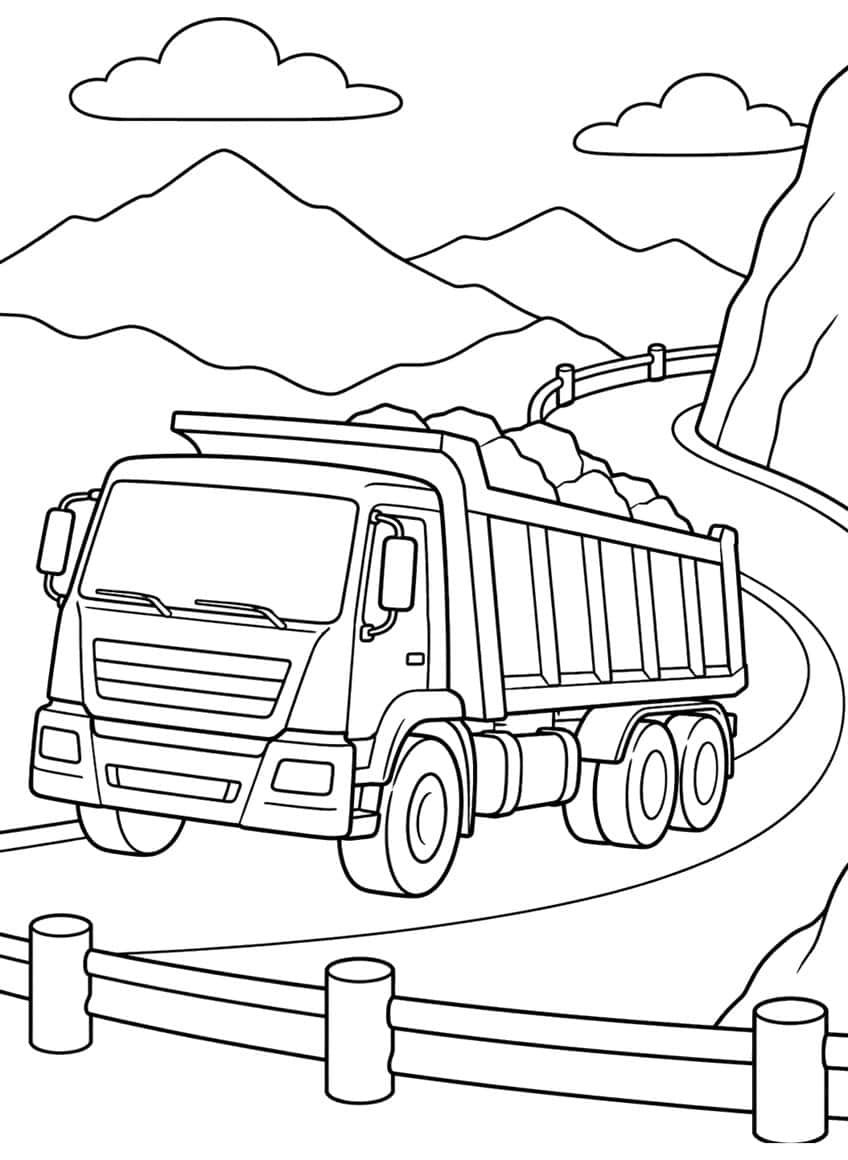 Dump truck with rocks on a curving mountain road with guardrail, cliff, mountains and clouds