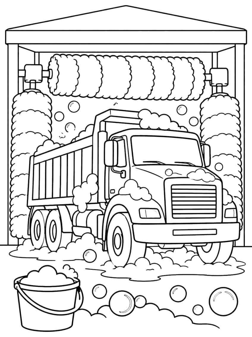 Dump truck in a car wash with brushes, soap foam, bubbles and a foam bucket