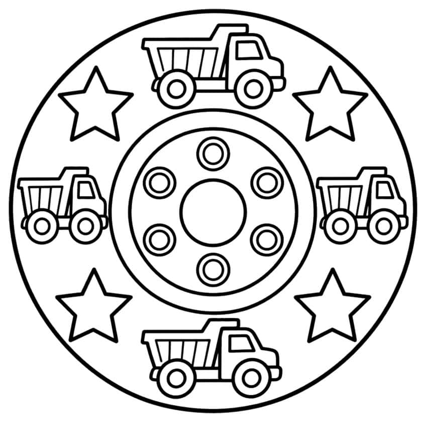 Round mandala with four dump trucks, four stars and a wheel hub with six bolts