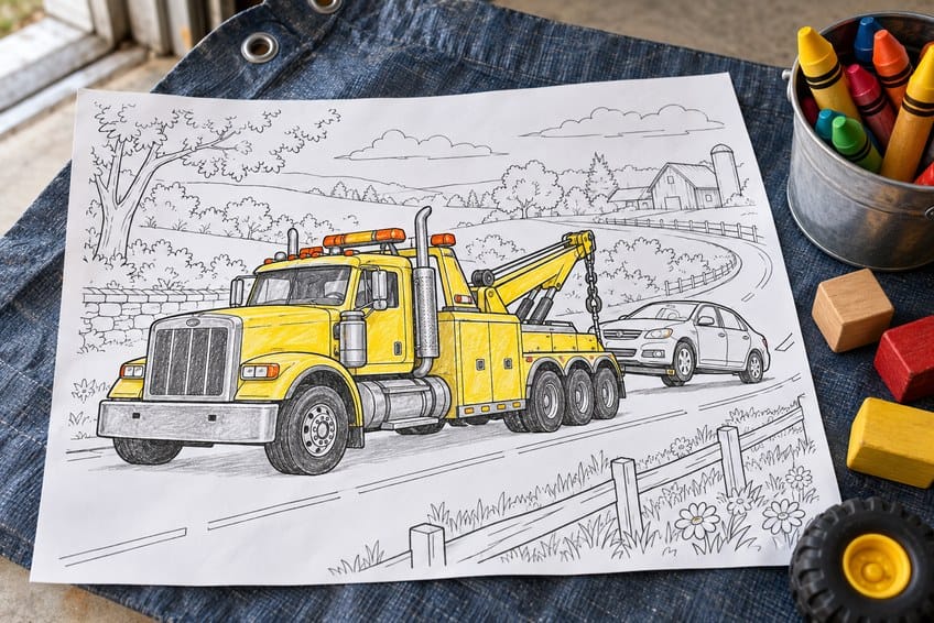 truck coloring page partly colored in with pencils