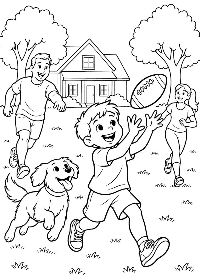 Boy catching a football, with a man, a woman, a puppy, a house and two trees on a lawn