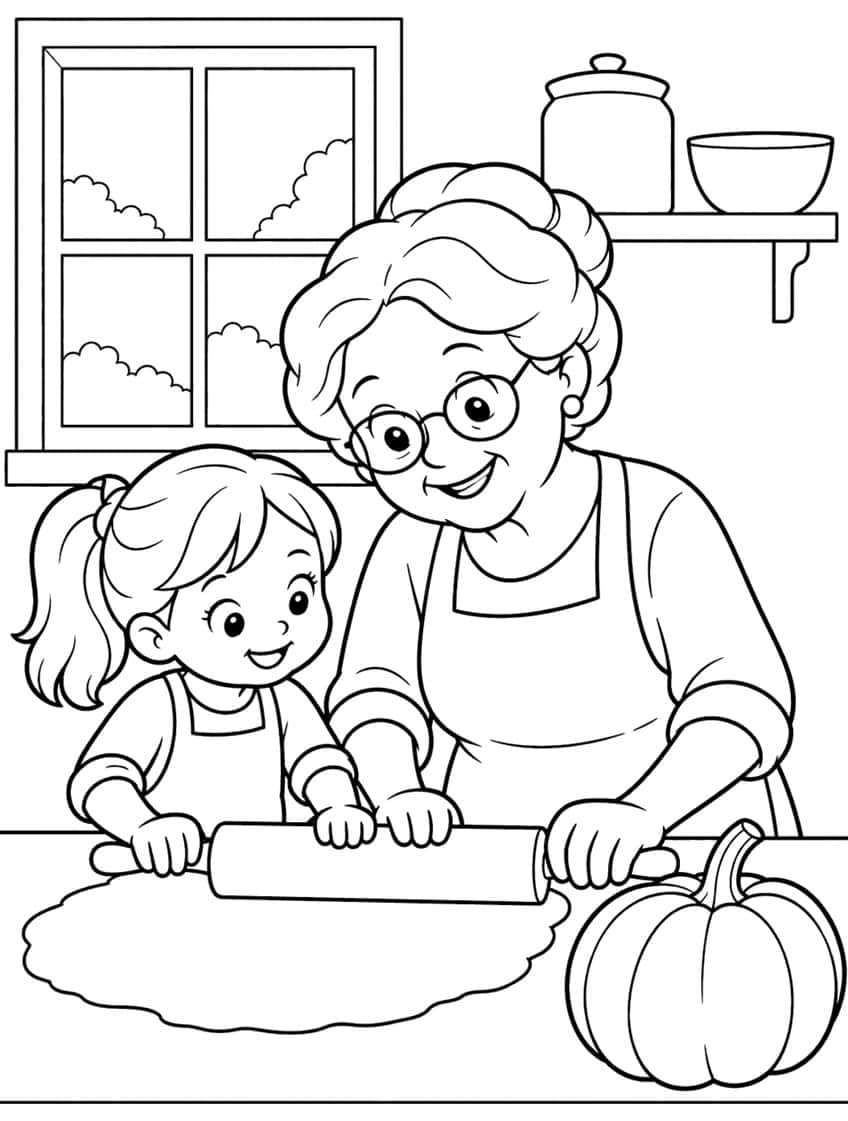 Grandmother and girl rolling dough with a rolling pin, pumpkin, window and shelf