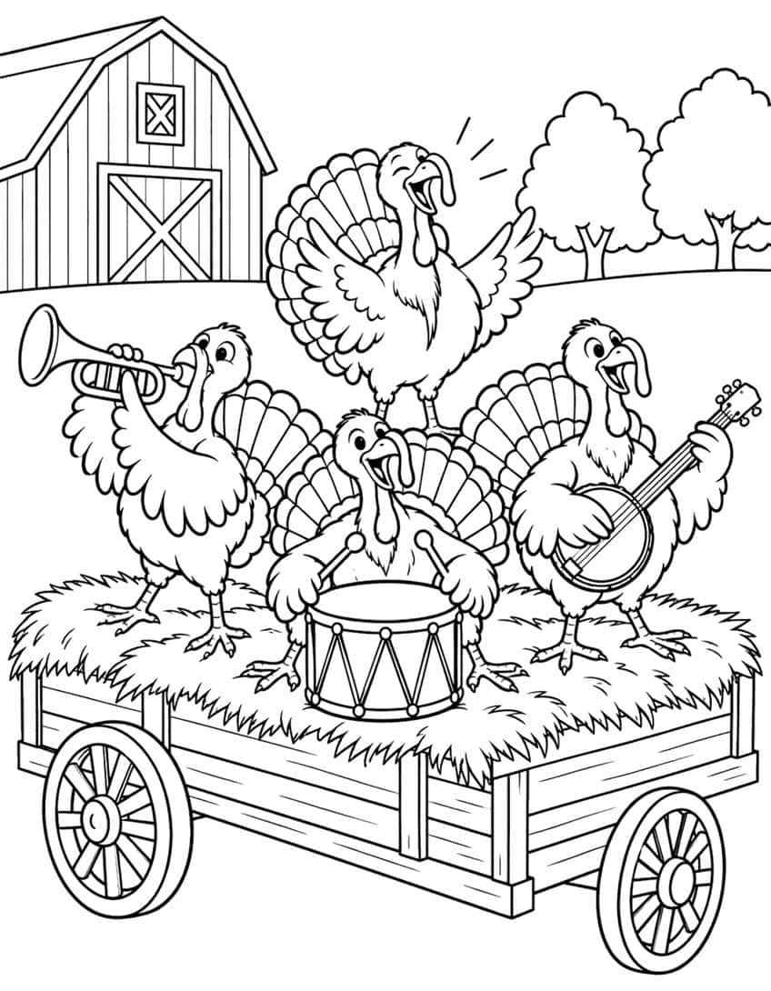 Four turkeys playing trumpet, drum, banjo and singing on a hay wagon in front of a barn