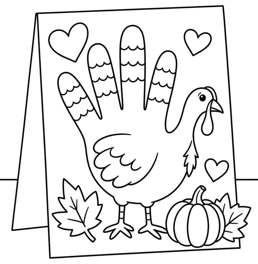 Standing greeting card with a handprint turkey, hearts, a pumpkin and maple leaves