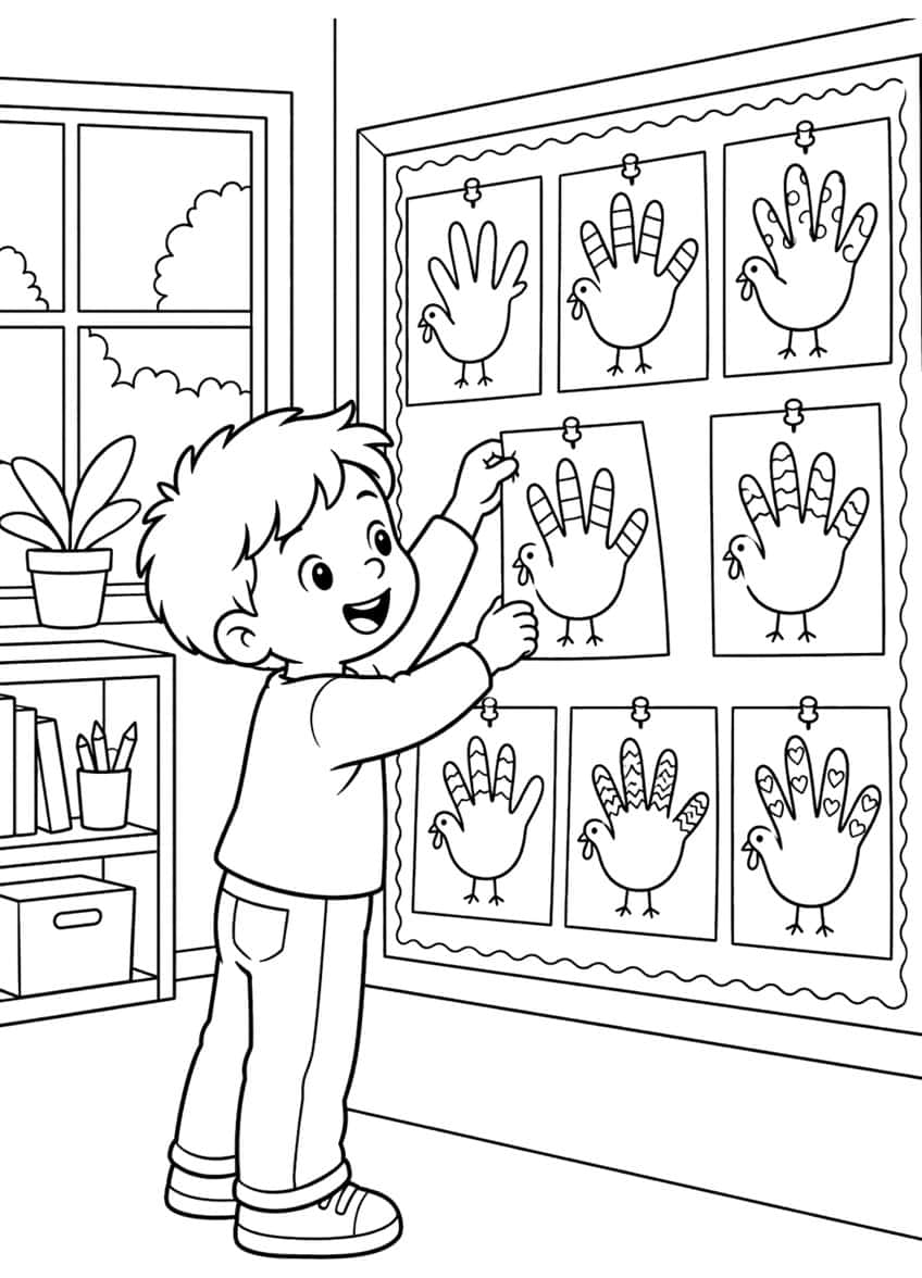 Boy pinning handprint turkey papers to a bulletin board beside a window, plant and bookshelf