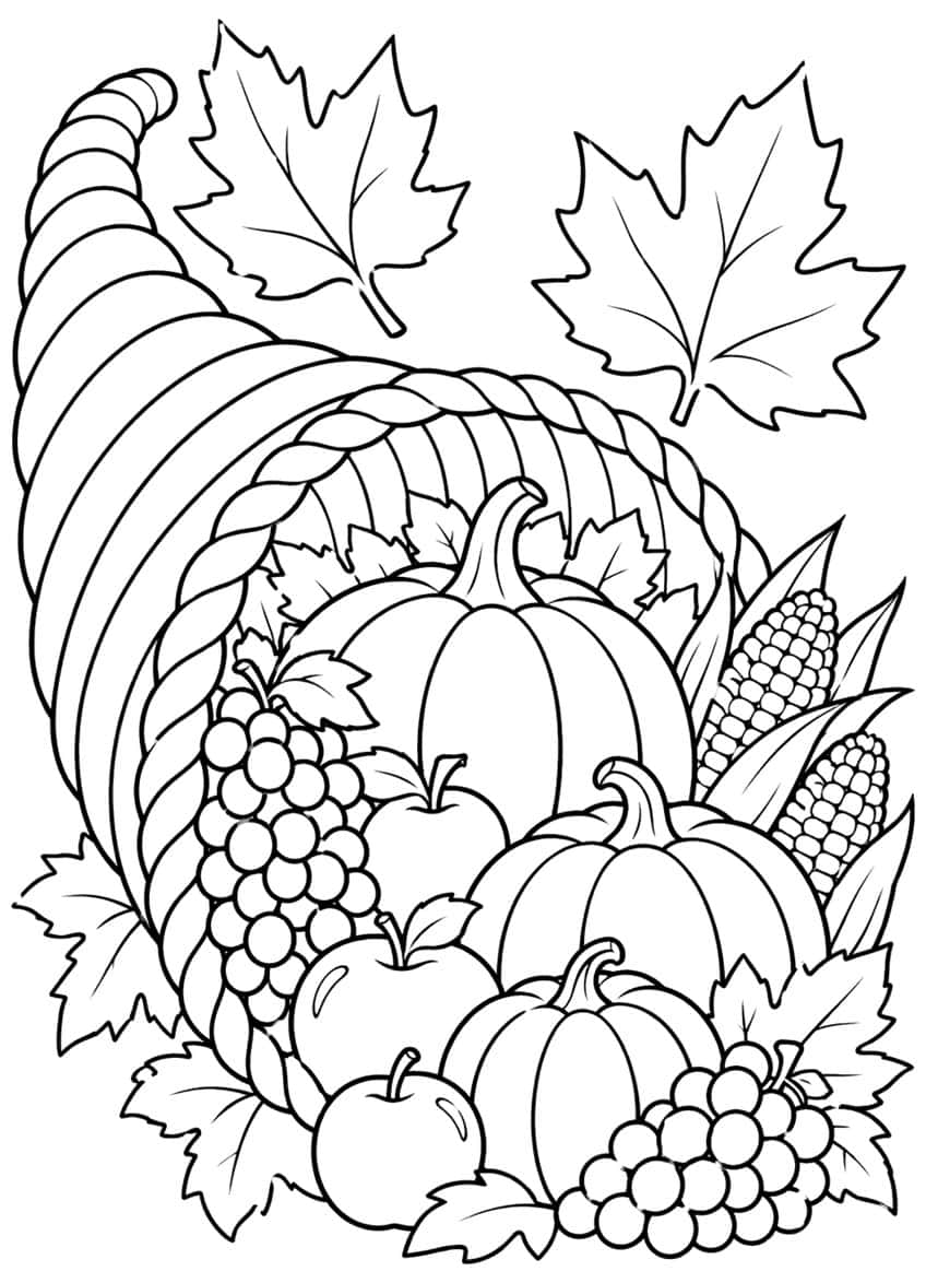 Cornucopia filled with pumpkins, apples, grapes and corn, surrounded by maple leaves