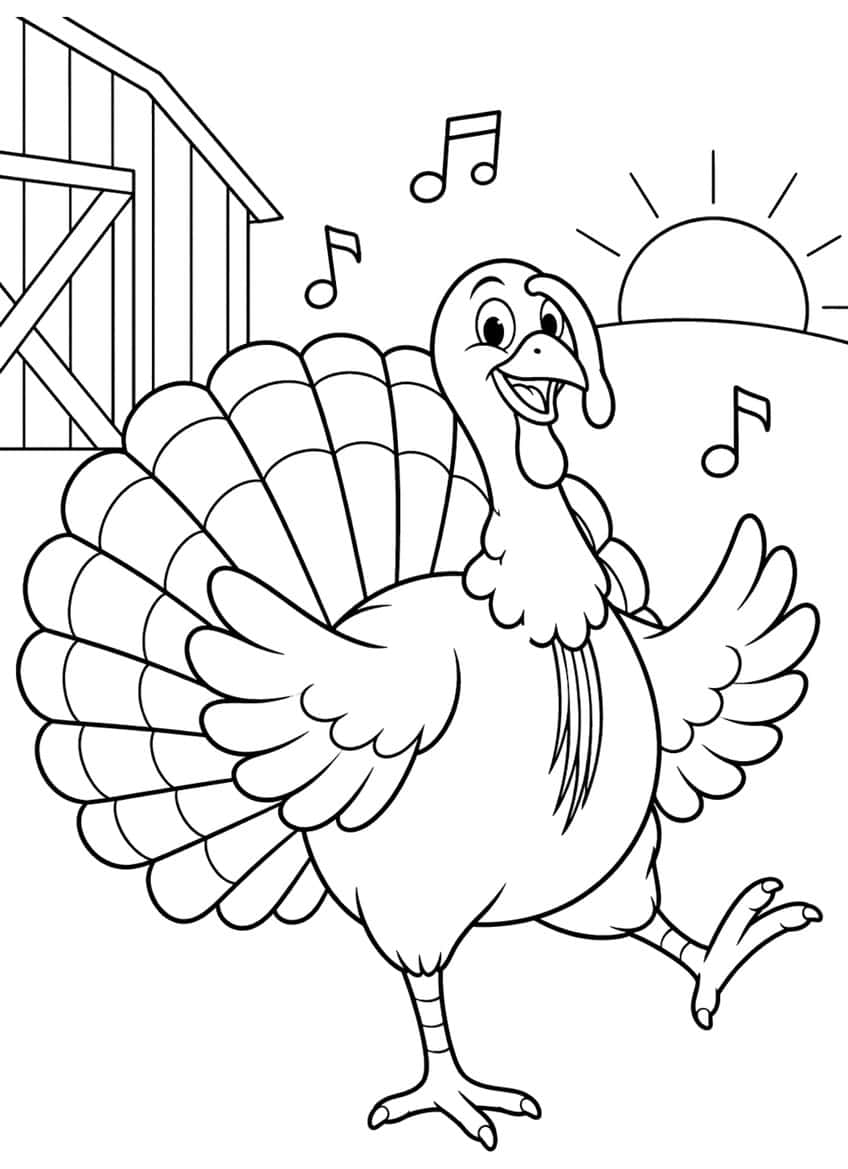Smiling turkey dancing with raised leg, three music notes, a barn and a rising sun