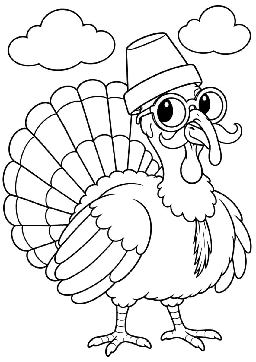 Turkey in a bucket hat, round glasses and curly mustache with a fanned tail and two clouds