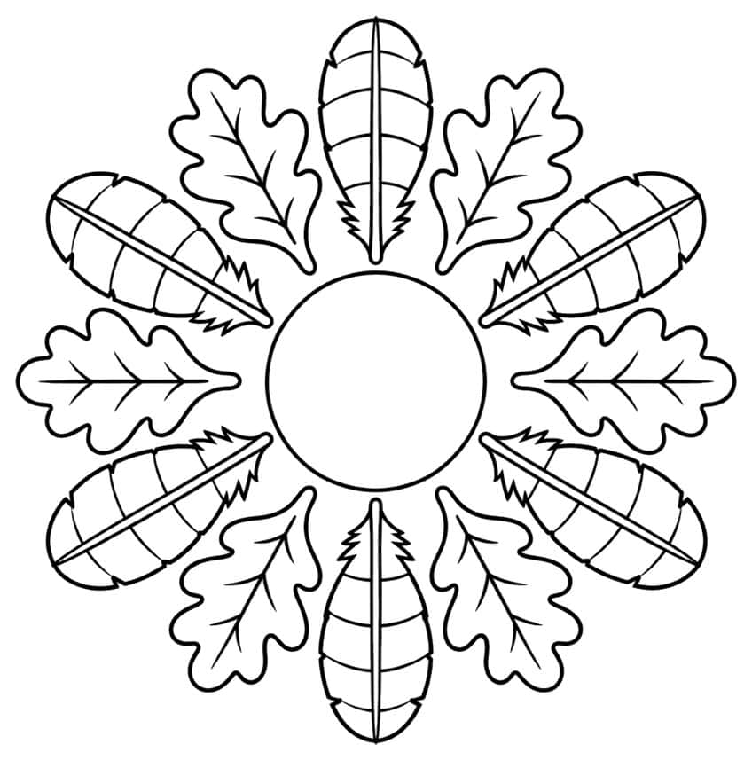 Circular wreath of six turkey feathers and six oak leaves around an empty center circle