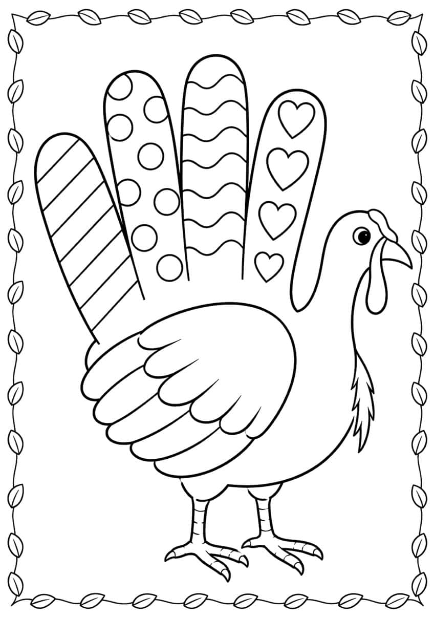 Turkey with four patterned finger-shaped tail feathers, scalloped wing and a leaf border