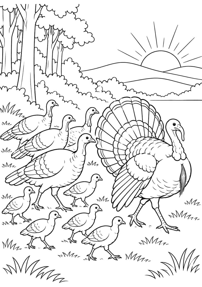 Tom turkey with fanned tail, four hens and four poults near trees, hills and a rising sun