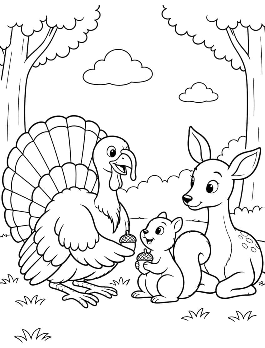 Turkey, squirrel with acorns and spotted fawn in a forest clearing with trees and clouds