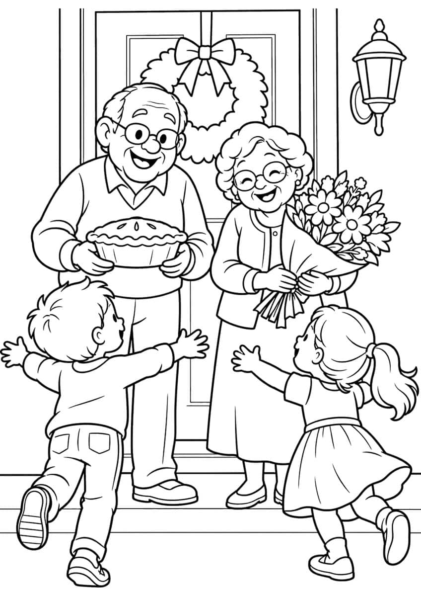 Two children run to grandparents holding a pie and a flower bouquet by a door with a wreath and lantern