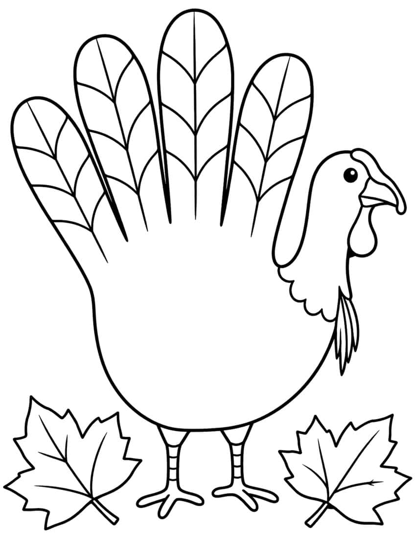 Turkey shaped like a handprint with four feathers, standing between two maple leaves