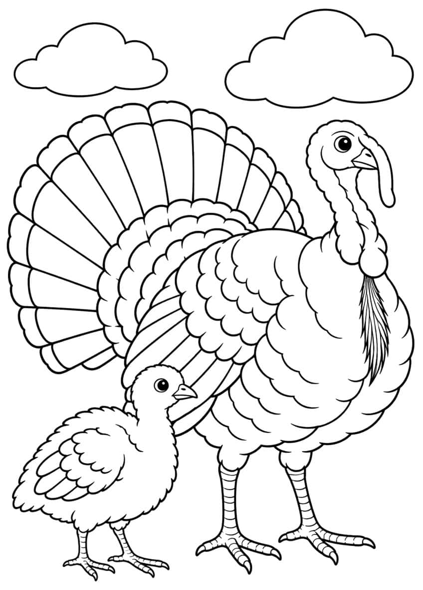 Large turkey with fanned tail and a small poult standing below two clouds