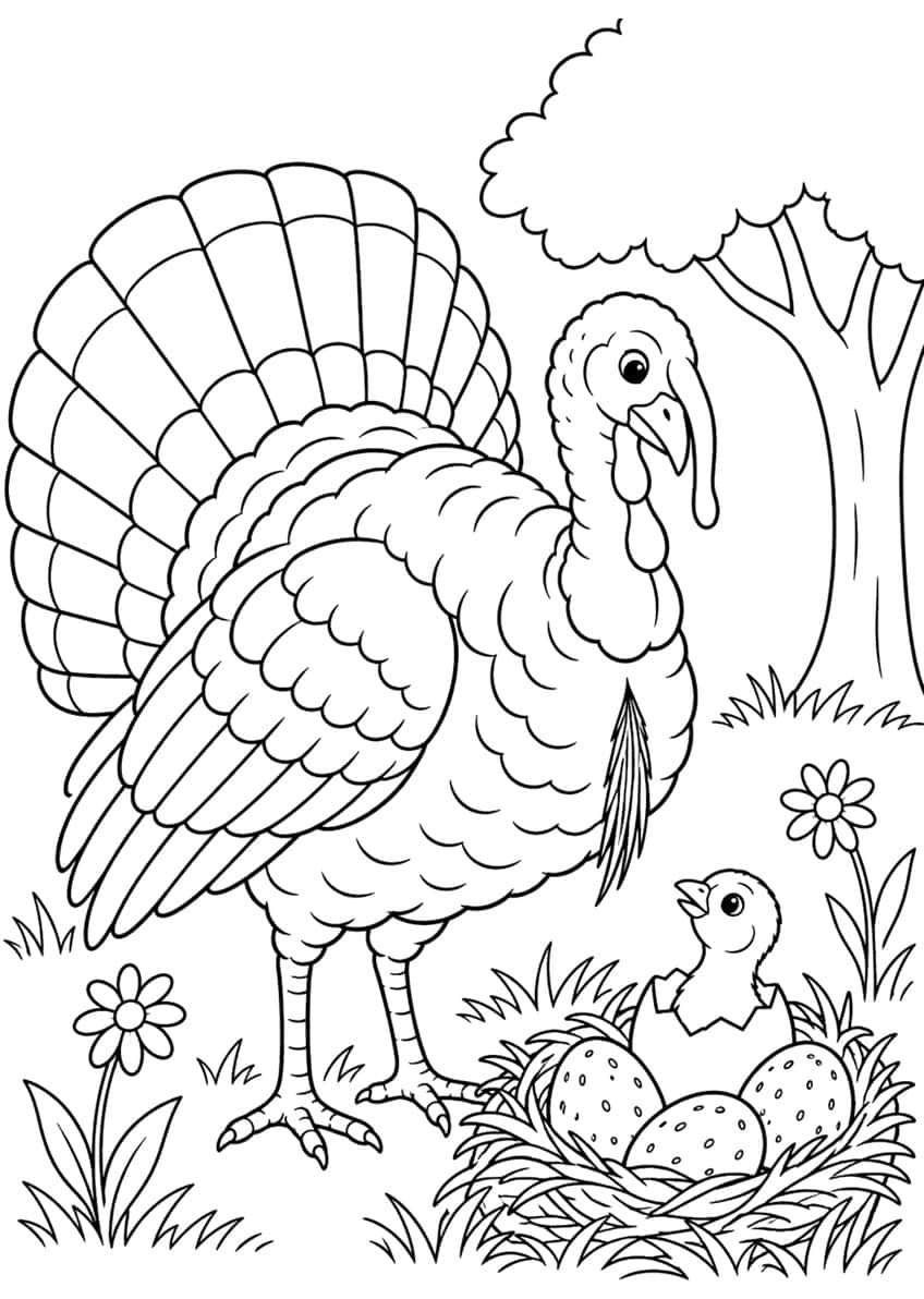 Turkey with fanned tail beside a nest with three eggs and a hatching chick, tree and flowers