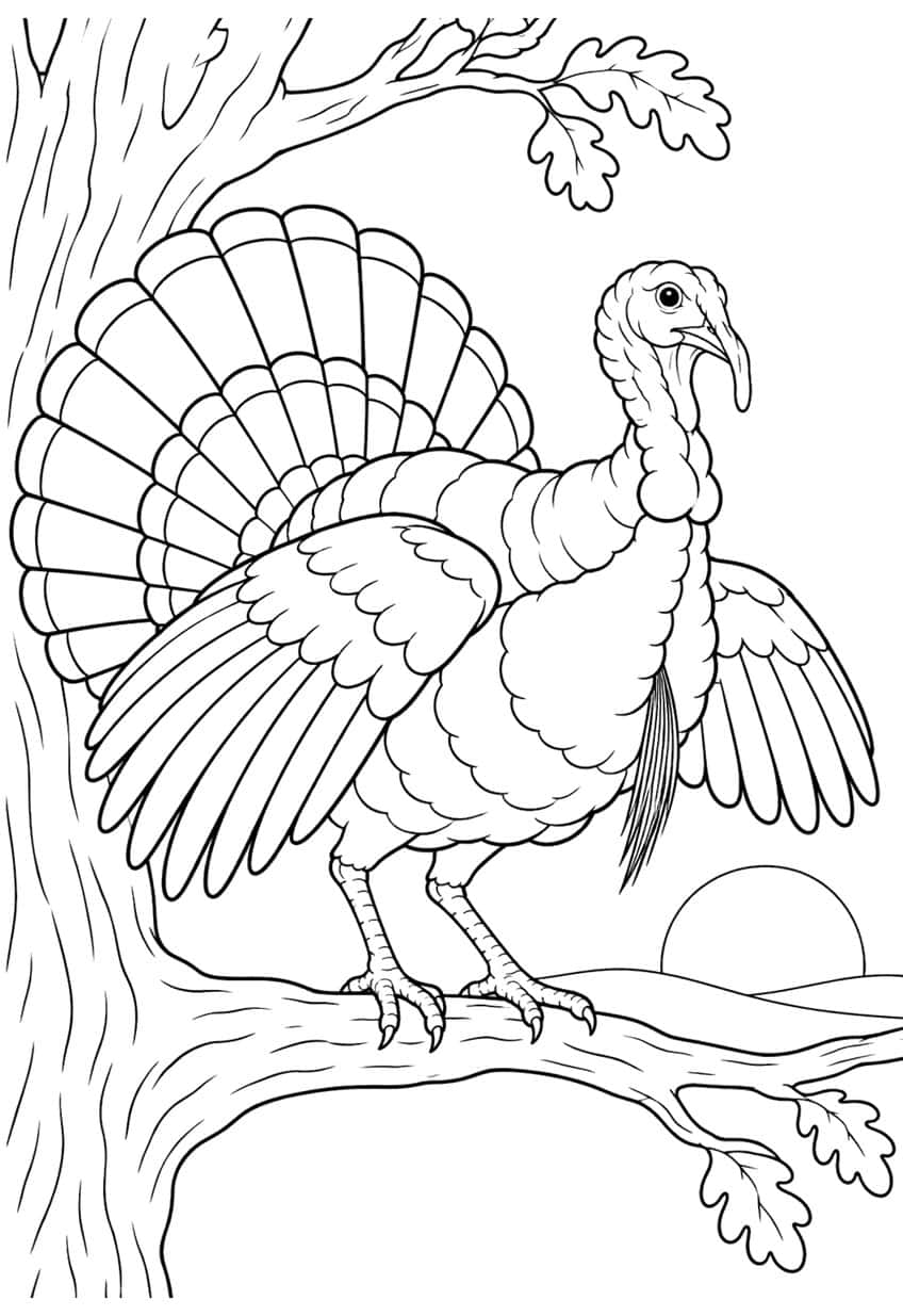 Turkey with fanned tail standing on an oak branch, oak leaves, sun and hills behind