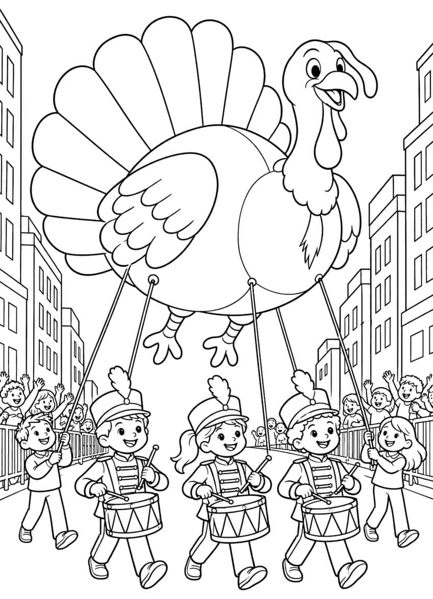 Giant turkey parade balloon held by ropes above three drummers, two helpers and a waving crowd between city buildings
