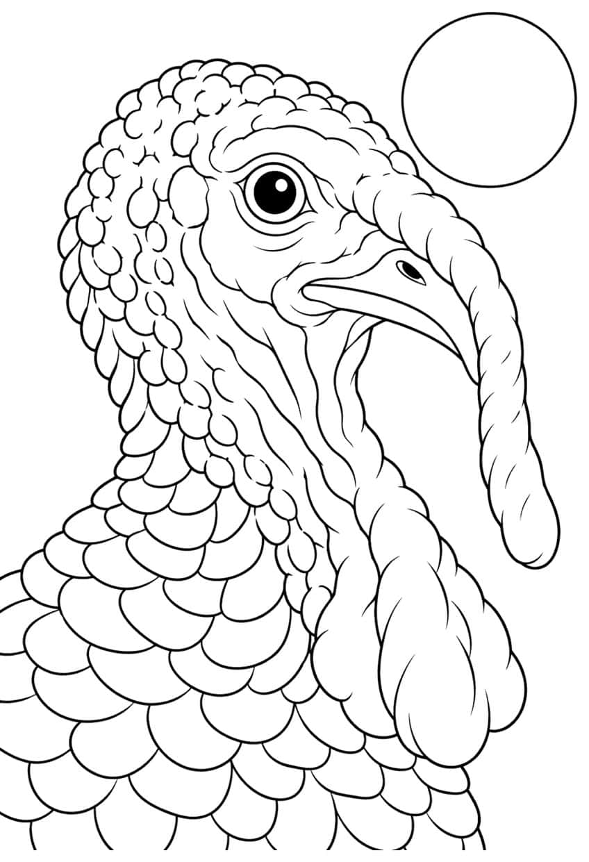 Close-up of a turkey head with bumpy skin, wattle, curved beak and scalloped feathers beside a circle
