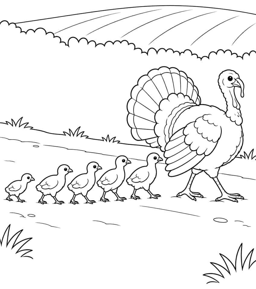 Large turkey with fanned tail followed by five small poults walking on a path with grass tufts