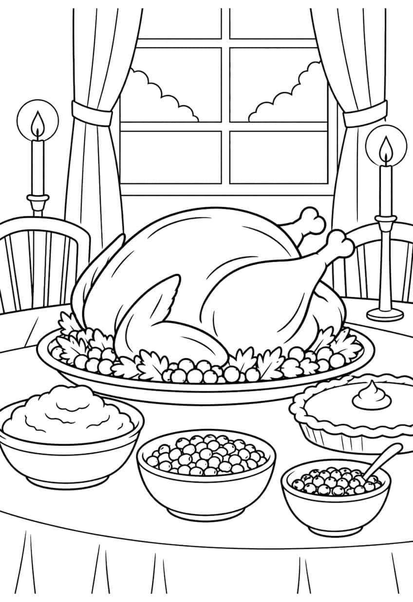 Roast turkey on a platter with mashed potatoes, berry bowls, pie, candles and a curtained window