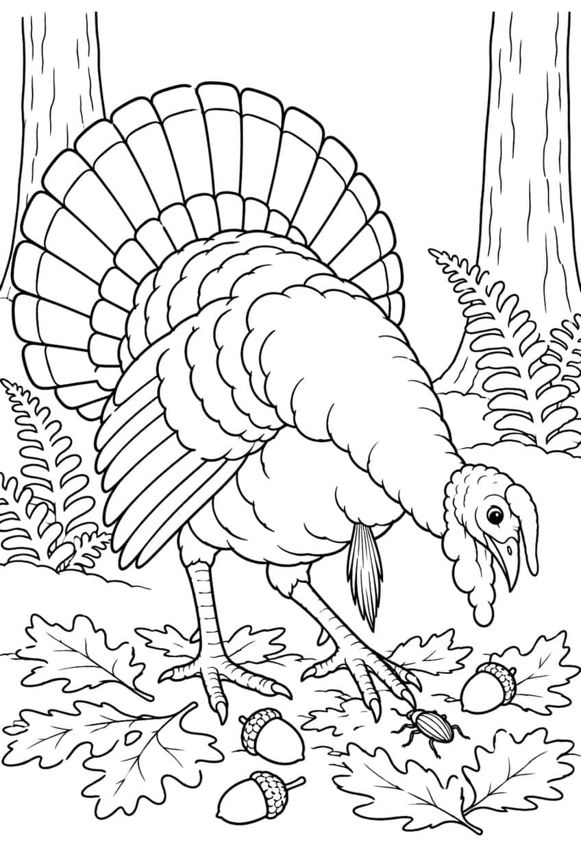 Tom turkey with fanned tail bending over oak leaves, three acorns and a beetle, with ferns and trees behind