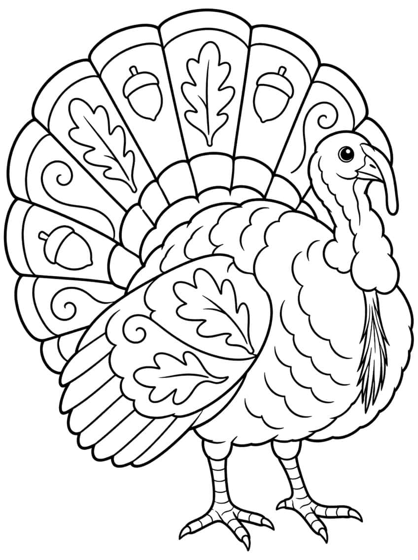 Standing turkey with a fanned tail decorated with oak leaves, acorns and swirls