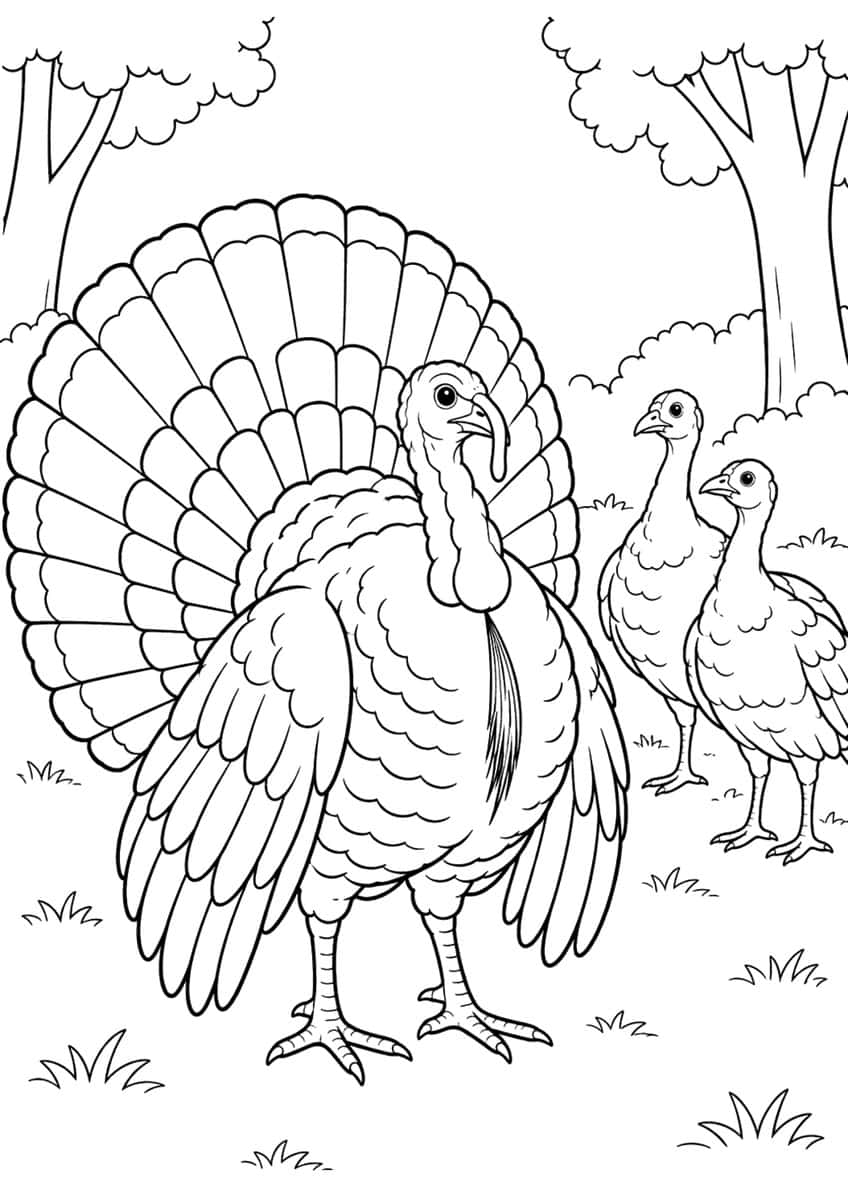 Tom turkey with fanned tail, two hens, trees, bushes and grass tufts
