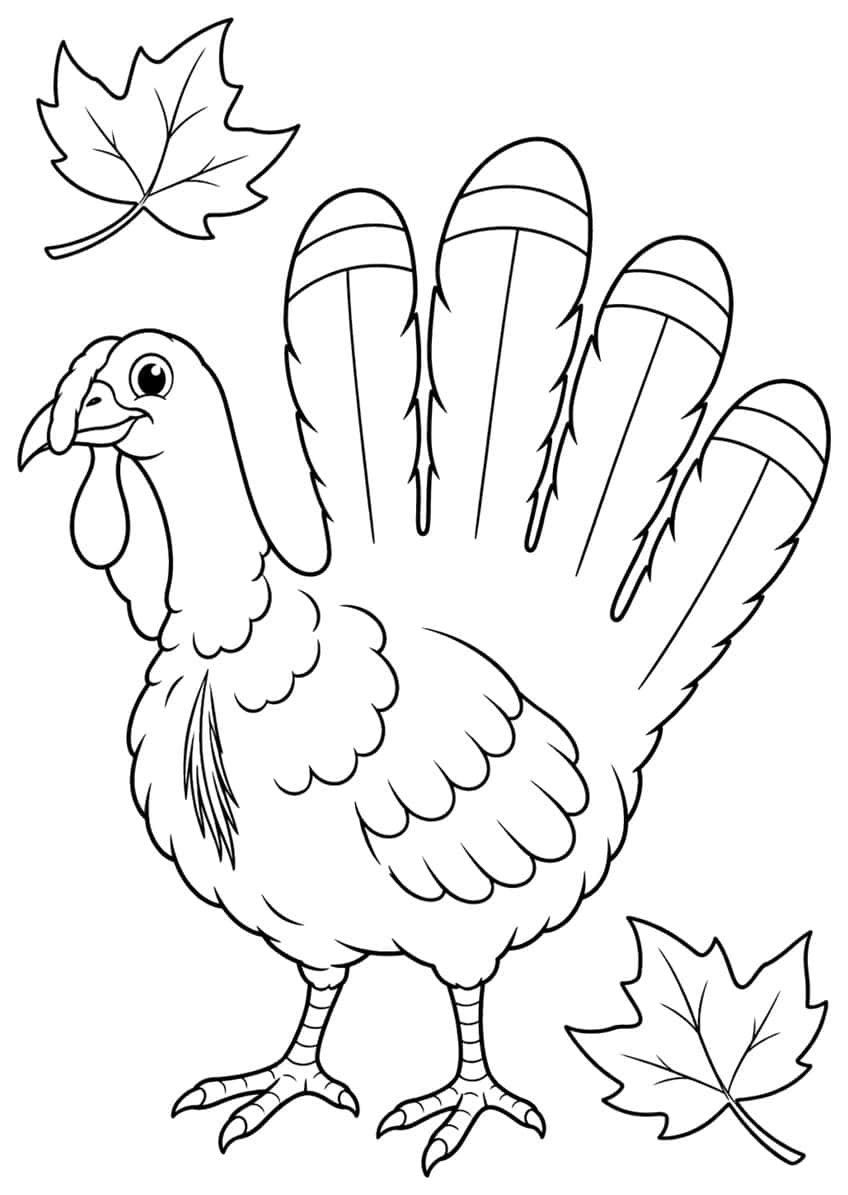 Standing turkey with four banded tail feathers and two maple leaves