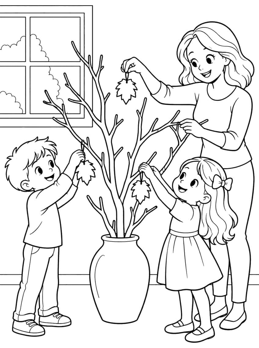 Mother, boy and girl hanging paper leaves on bare branches in a vase beside a window